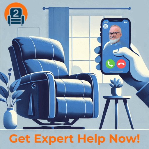 A modern recliner chair with deep blue accents sits in a cozy room. A hand holds a smartphone showing a video call with an expert, symbolizing live technical support. The image highlights in-home recliner repair secrets, how to fix a recliner chair, and recliner fix solutions, provided by Number2project.