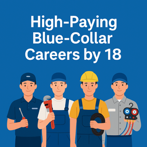 High-Paying Blue-Collar Careers by 18 Illustration of four young tradesmen with tools promoting high-paying blue-collar careers by age 18