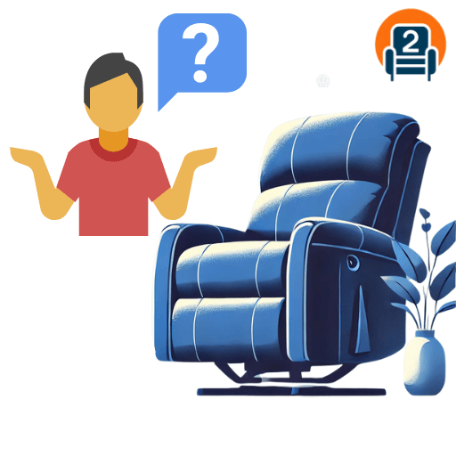 A vibrant image featuring a deep blue recliner chair next to a puzzled person icon with a question mark speech bubble. The image highlights in home recliner repair secrets, how to fix a recliner chair, and recliner fix solutions provided by Number2project.