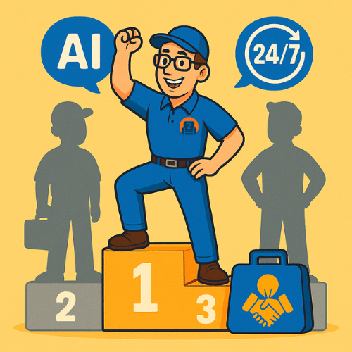 Industry Leadership & 247 AI Support – Number2project Advantage Number2project technician on the top podium with AI chat bubble and 24/7 support icon, competitors in gray silhouettes – square format, bright yellow background