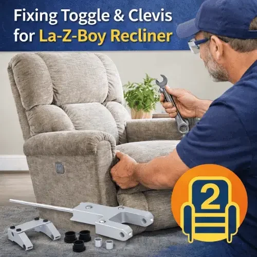 echnician repairing La-Z-Boy recliner showing toggle and clevis linkage repair with replacement parts by Number2project Sofa & Recliner Repair Experts