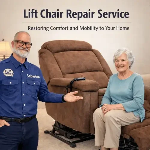 mobile lift chair repair technician Sebastian helping senior sitting in medical power lift chair recliner repair service