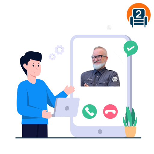 An illustration showing a person with a laptop engaging in a video call with an expert technician from Number2project displayed on a smartphone screen, featuring call and end buttons.