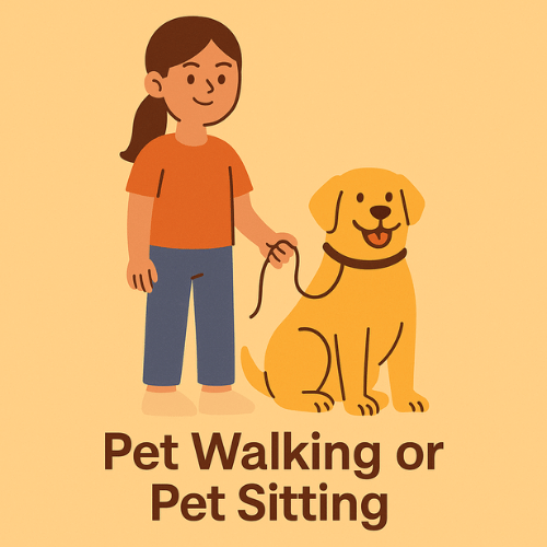 Pet Walking or Pet Sitting – Ideal Jobs for Teens at 14 Teen girl holding a leash next to a smiling dog, promoting pet walking as a job for 14-year-olds