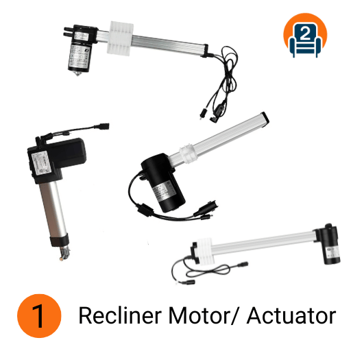 Four recliner motors/actuators displayed on a white background with the Number2project logo, labeled "1 Recliner Motor/Actuator."