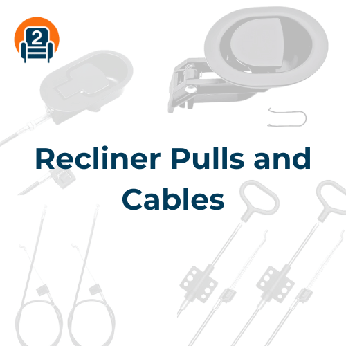 Image displaying recliner parts, including pull handles and cables, for repair and replacement.