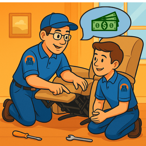 Recliner Repair Technician Mentorship – Number2project Training Seasoned Number2project recliner repair technician explaining a power recliner mechanism to a trainee in a cozy living room environment
