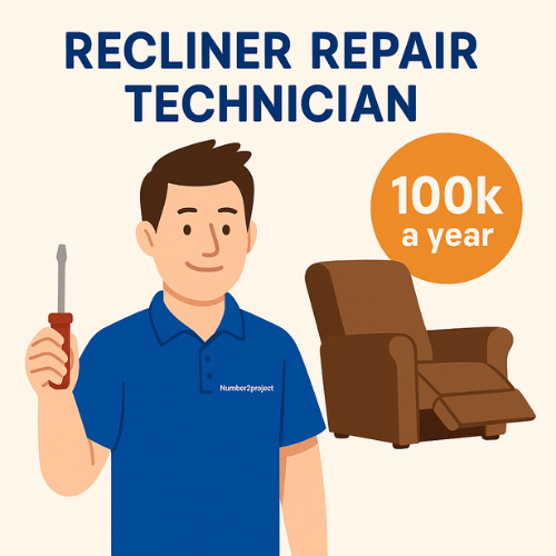 Recliner Repair Technician – Earn $100K a Year Without a Degree Recliner repair technician holding a screwdriver beside a recliner, with text showing $100K a year income
