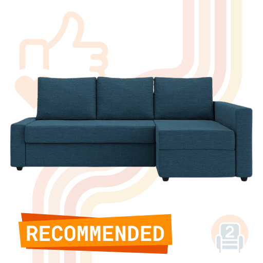 Blue sectional sofa with a chaise lounge, featuring a recommended Ikea sofa cover and minimalist graphic elements in the background.