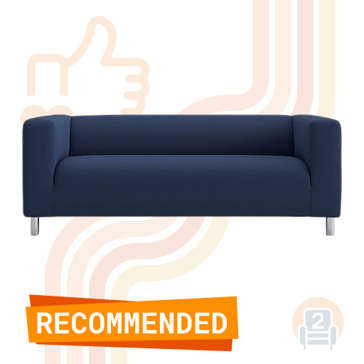 Blue sofa with a sleek, minimalist design, highlighted by a "Recommended" banner and decorative graphic elements in the background.