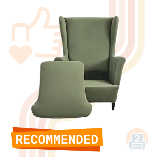 Green wingback chair with matching ottoman, fitted with a sleek Ikea cover, highlighted by a "Recommended" banner and minimal graphic accents.