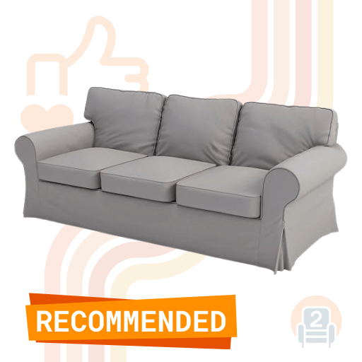 Grey sofa with a classic design and fitted Ikea sofa cover, highlighted with a "Recommended" banner and minimal graphic elements.