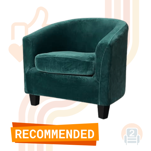 Dark green velvet armchair with a cozy Ikea chair cover, highlighted by a "Recommended" banner and subtle graphic accents.