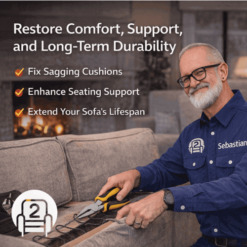 Number2project technician repairing sofa springs to restore comfort support and long-term durability