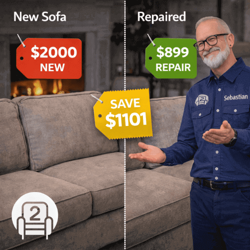 Number2project technician presenting sofa repair vs replacement cost comparison showing $899 repair vs $2000 new sofa