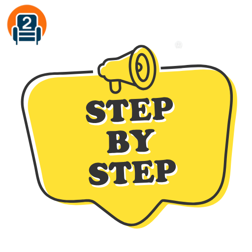 A bright yellow speech bubble with bold "STEP BY STEP" text and a megaphone icon, paired with the Number2project logo, highlighting a step-by-step guide for fixing a recliner chair.