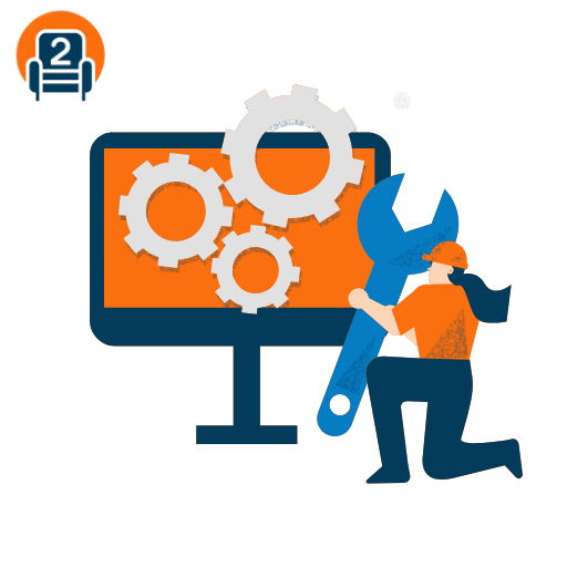 An illustration featuring a person holding an oversized wrench next to a computer screen displaying gears, paired with the Number2project logo. The image represents troubleshooting common recliner issues with quick and effective solutions.