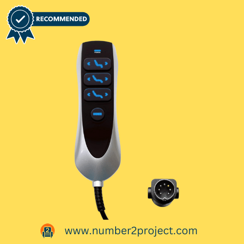 Uetmulik 7-button, 7-pin remote control handset for power recliners and lift chairs, featuring USB connectivity, highlighted with blue illuminated buttons on a recommended yellow background at Number2project.com.