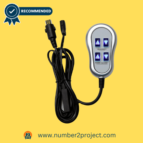 Uetmulik power recliner lift chair remote, Raffel Systems model HC-6022-PR6-KL-MW, featuring 4 buttons with backlight, 5-pin connection, recommended and displayed on a yellow background at Number2project.com.