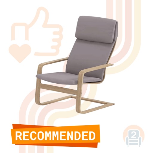 Grey Ikea armchair with a wooden frame and sleek cushion cover, highlighted by a "Recommended" banner and graphic elements in the background.