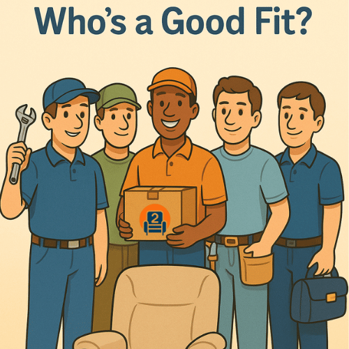 Who’s a Good Fit – Number2project Candidate Lineup Five diverse professionals including a wrench-holding technician, a uniformed veteran, a delivery driver with a box, a handyman with a tool belt, and a technician with a briefcase standing behind a recliner against a light beige background