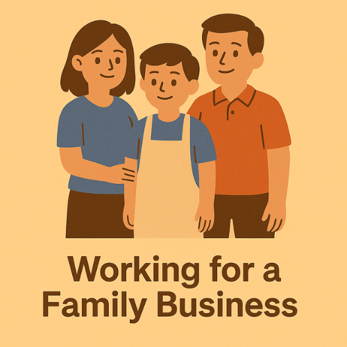 Working for a Family Business – A Trusted Job Option at Age 14 Illustration of a teen standing between two parents, promoting working for a family business as a job for 14-year-olds