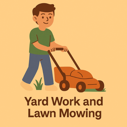 Yard Work and Lawn Mowing – One of the Best Jobs That Hire at 14 A teenage boy mowing a lawn, promoting yard work and lawn mowing as a great job for 14-year-olds